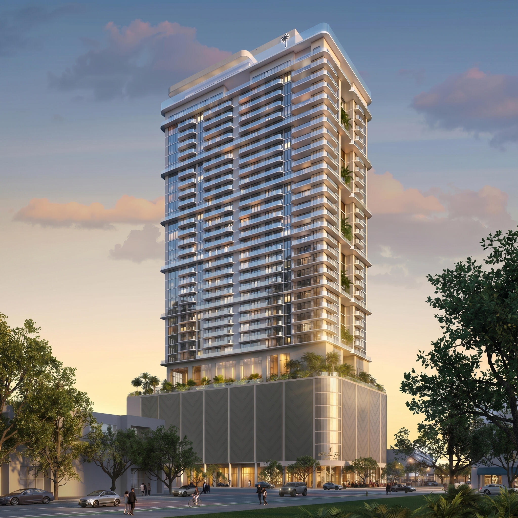 Exterior view of Seven Park Residences in Hallandale-Hollywood, a modern luxury residential building with elegant architectural design.